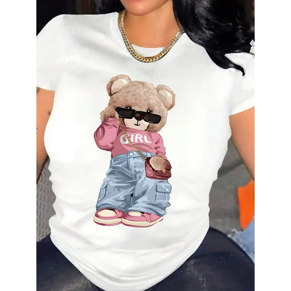 Women's Casual Crew Neck T-Shirt with Fashionable Cartoon Bear Print, 100% COTTON Fabric, Regular Fit Spring/Summer Tee