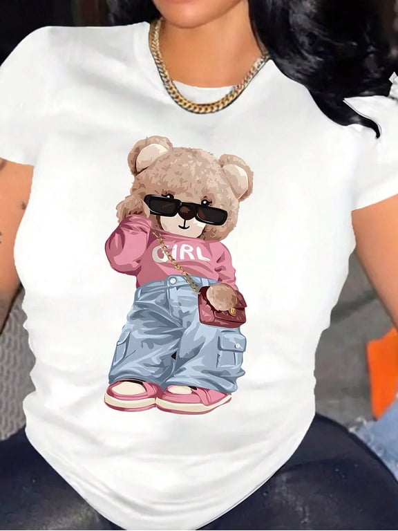 Women's Casual Crew Neck T-Shirt with Fashionable Cartoon Bear Print, 100% COTTON Fabric, Regular Fit Spring/Summer Tee