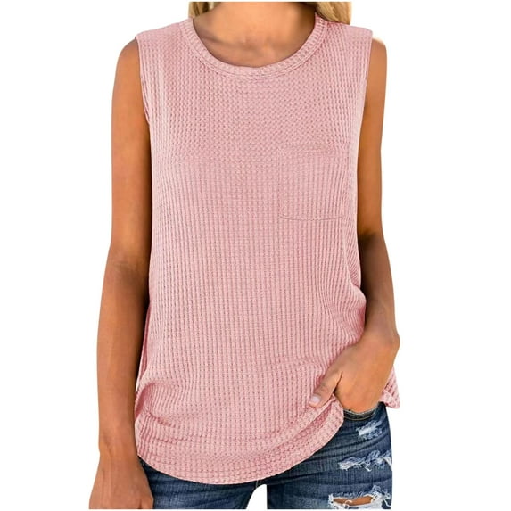 Women's Casual Crew Neck Tops Knitted Sleeveless Tank Top Cable Knit Sweater Vest Solid Summer Tee Shirts