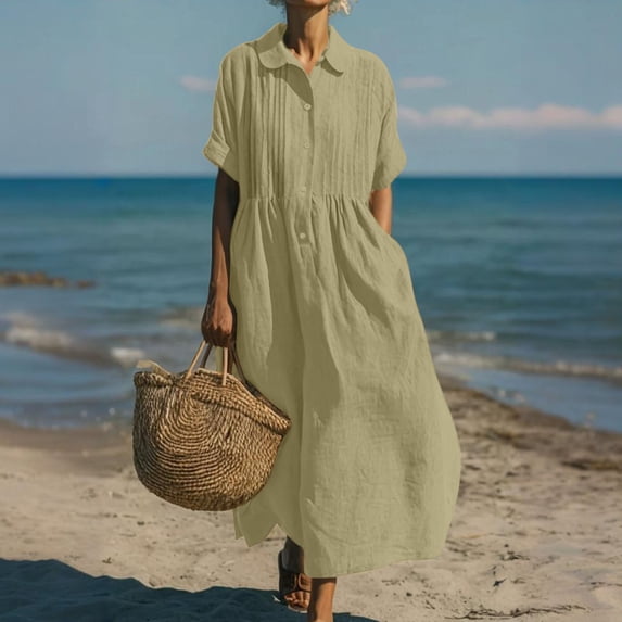 Women's Casual Crewneck Knee-Length Dress with Half Sleeves, Loose Fit, Solid Color, Stretchy Polyester for Everyday Wear and Parties
