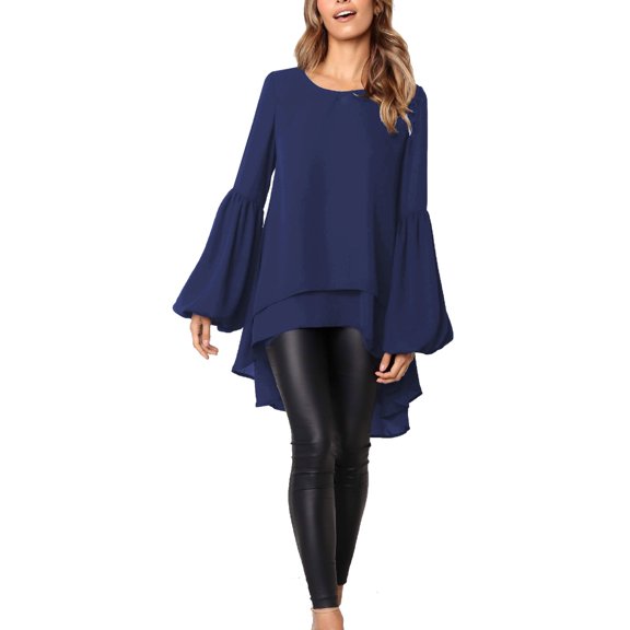 Women's Casual Crewneck Lantern Long Sleeve High Low Tops Asymmetrical Ruffle Long Tunic Tops Blouse Shirt Dress