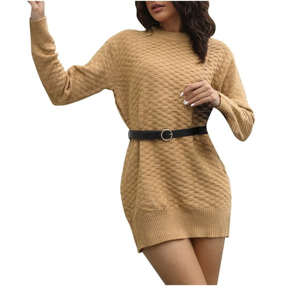 Women's Casual Crewneck Long Sleeve Mini Sweater Dress Casual Baggy Soft Knit Pullover Jumper Sweaters with Belt
