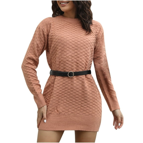 Women's Casual Crewneck Long Sleeve Mini Sweater Dress Casual Baggy Soft Knit Pullover Jumper Sweaters with Belt