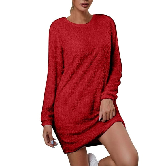 Women's Casual Crewneck Long Sleeve Soft Fuzzy Knit Bodycon Pullover Mini Sweater Dress Warm Plush Comfy Winter Dresses