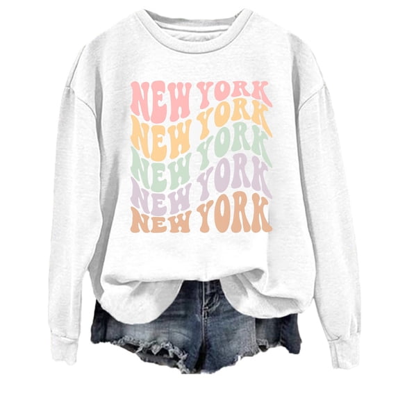 Women's Casual Crewneck New York City English Letter Print Hoodie Light Hoodie Zip up Women Juniors Sweatshirts Trendy Ladies Fashion Sweaters Large Womens Sweatshirt No Hood Boy Mom Sweatshirt