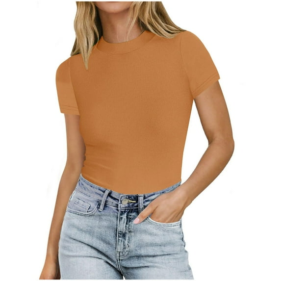 Women's Casual Crewneck Short Sleeve Tops Slim Fit Solid Color T Shirt Summer Juniors Basic Tees Orange,L