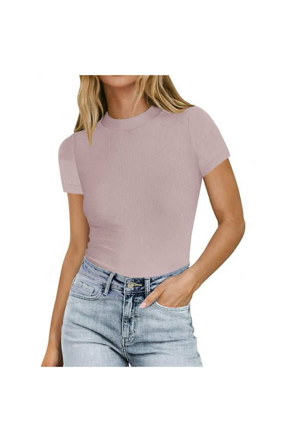 Women's Casual Crewneck Short Sleeve Tops Slim Fit Solid Color T Shirt Summer Juniors Basic Tees Pink,L