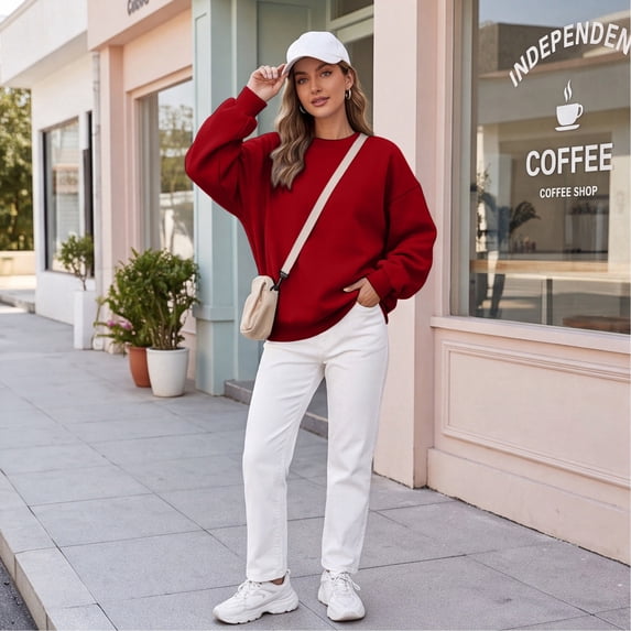 Women's Casual Crewneck Sweatshirt Loose Long Sleeve Pullover Tops Soft Solid Color Fall Winter Clothes Loungewear Everyday
