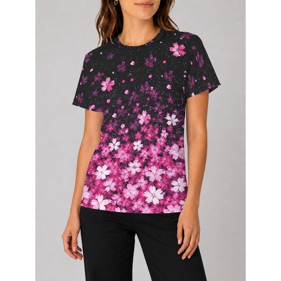 Women's Casual Crewneck T-Shirts Short Sleeve All-Over Starry Night Sakura Summer Tee Shirts