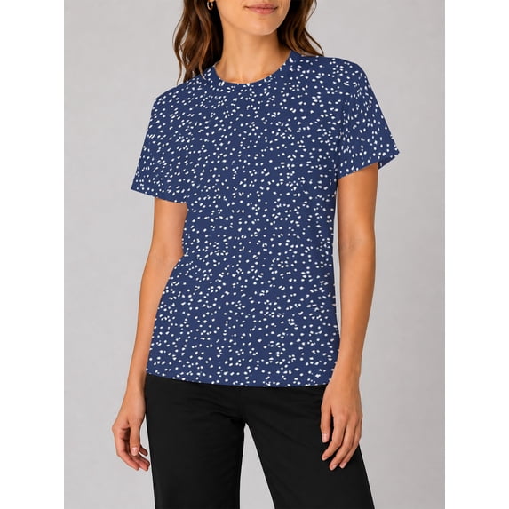 Women's Casual Crewneck T-Shirts Short Sleeve All-Over White Speckles on Navy Summer Tee Shirts