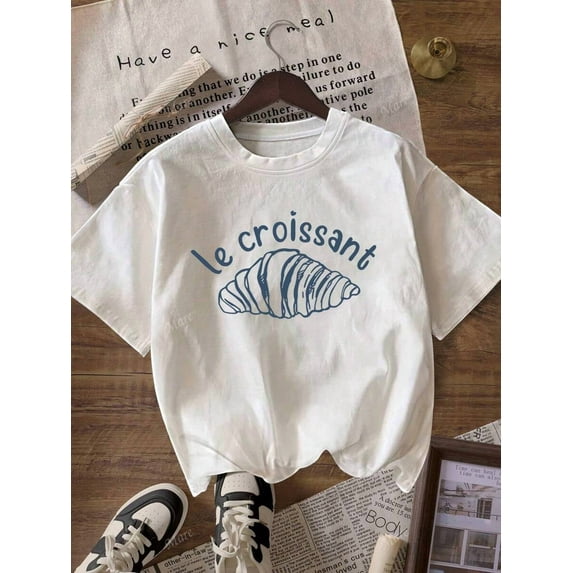 Women's Casual Croissant Print Round Neck Short Sleeve T-Shirt