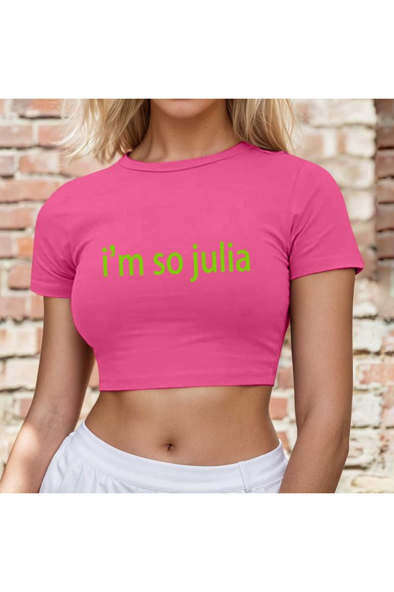 Women's Casual Crop Top with Round Neck Short Sleeve Design Featuring Printed Pattern for Everyday Spring and Summer Wear, XS, Hot Pink