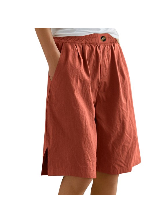 Women's Casual Cropped Pants, Elastic Waist Split Hem Ankle, Wide Leg Side Slit, Soft Stretch Fabric