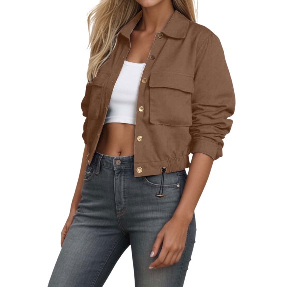 Women's Casual Cropped Workwear Jacket Button Down Lightweight Shacket with Drawstring Pockets for Fall Winter Outfits