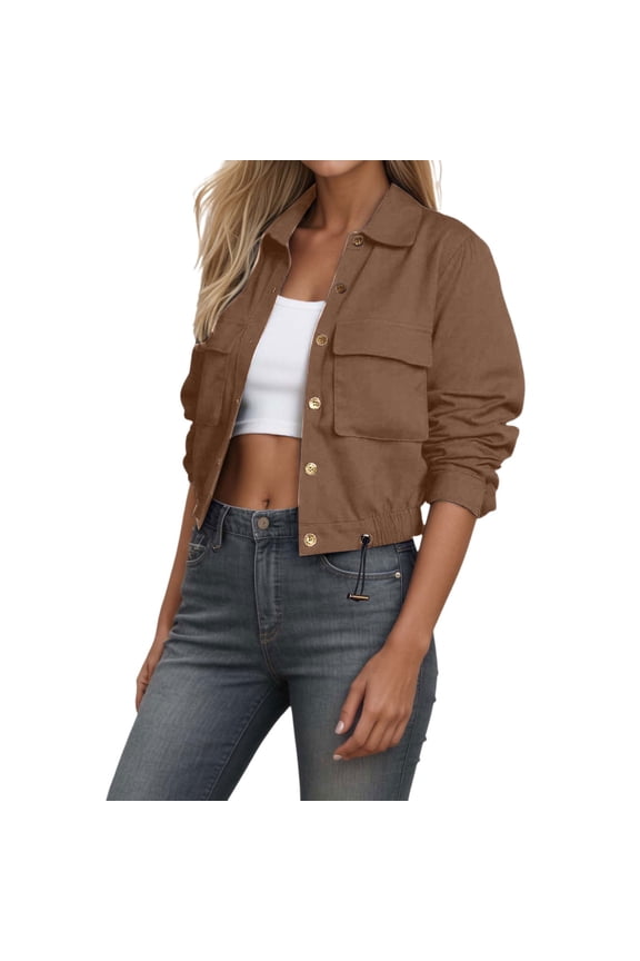 Women's Casual Cropped Workwear Jacket Button Down Lightweight Shacket with Drawstring Pockets for Fall Winter Outfits