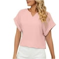 thumbnail image 1 of Women's Casual Cuffed Short Sleeve V Neck Office Blouse Solid Color Loose Fit Comfy Work Shirt Tops for Summer, 1 of 6