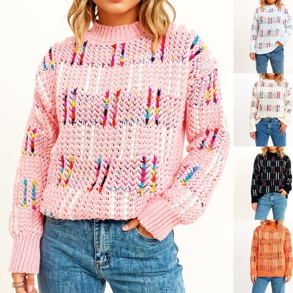 Women's Casual Cute Style Colorful Striped Plaid Contrast Color Knitted Pullover Sweater, Fun and Cozy, Perfect for Youthful Events and Winter Parties,Pink,M