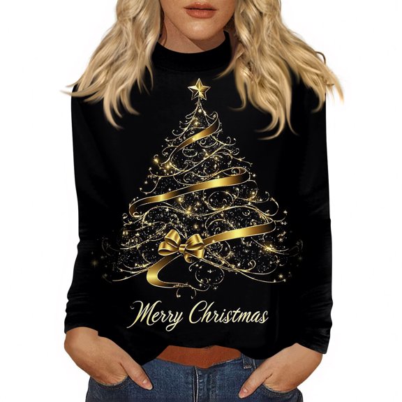 Women's Casual Daily Wear Mid Neck Long Sleeve Christmas Printed Top, Holiday Graphic Blouse, Comfortable Fall Winter T-Shirt,Black,S