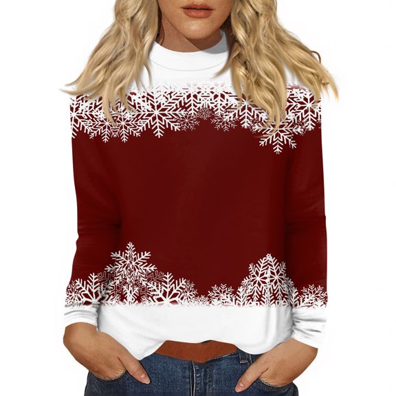 Women's Casual Daily Wear Mid Neck Long Sleeve Christmas Printed Top, Holiday Graphic Blouse, Comfortable Fall Winter T-Shirt,Wine,S