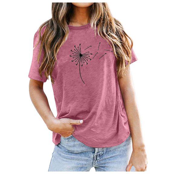 Women's Casual Dandelion Print Round Neck Pullover T-Shirt Soft Comfortable Stylish Basic Tee for Everyday Wear