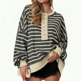 thumbnail image 1 of Women's Casual Dark Gray Striped Color-Block V-Neck Long-Sleeve Button Pullover Sweatshirt, Spring Autumn Winter, L, 1 of 14