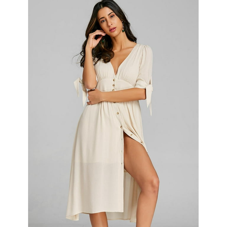 Women s Casual Deep V Neck Empire Waist Button Up Dress Glitter Creamy White XL Walmart