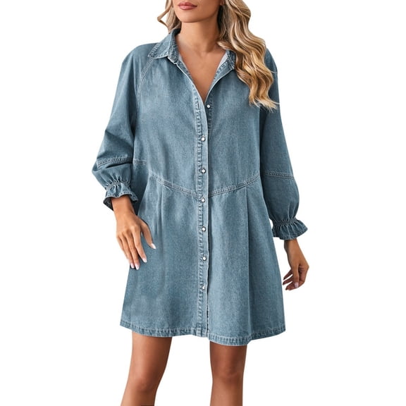 Women's Casual Denim Dress Loose Fit Button Front Long Sleeve Patchwork Midi Skirt Comfortable Washed Blend Stylish Everyday Wear