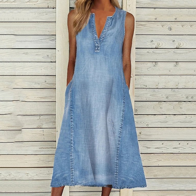 Women's Casual Denim Dress V Neck Sleeveless Jeans Button Down Midi Dress - Walmart.com Women's Casual Denim Dress V Neck Sleeveless Jeans Button Down Midi Dress - Walmart.com
