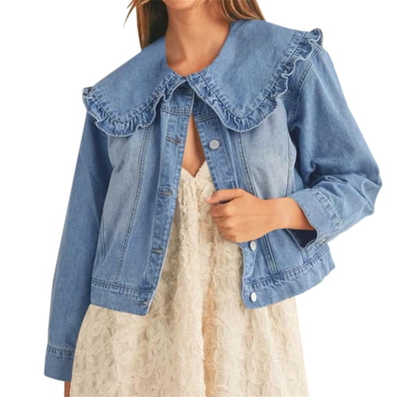 Women Casual Denim Jacket Long Sleeve Collared Shirt Coat with Pockets