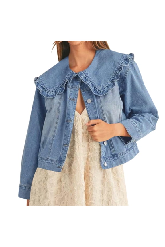 Women Casual Denim Jacket Long Sleeve Collared Shirt Coat with Pockets