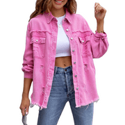 LOLIUICCA Women's Casual Denim Jacket Oversized Ripped Distressed Jean Coat Long Sleeve Button Down Boyfriend Jacket