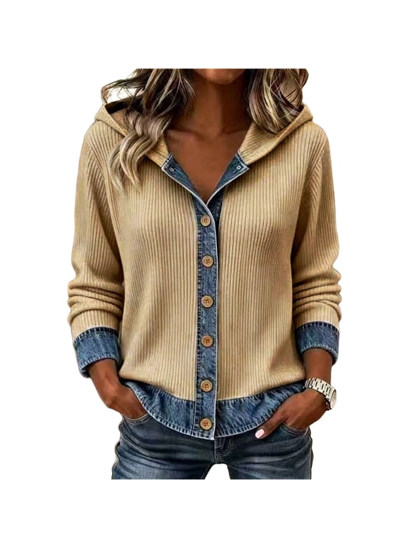 Women's Casual Denim Jacket Patchwork Hooded Knit Button Front Jacket Ribbed Knit Cardigan with Denim Trim Long Sleeve Everyday Coat, S