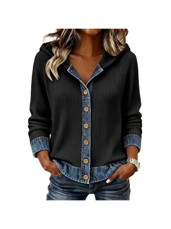 Women's Casual Denim Jacket Patchwork Hooded Knit Button Front Jacket Ribbed Knit Cardigan with Denim Trim Long Sleeve Everyday Coat, XL