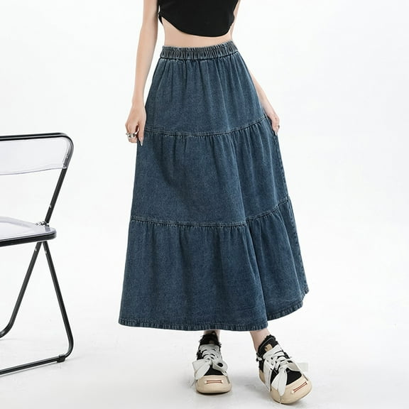 Women's Casual Denim Long Skirt With Elastic Waist A Line Skirt Button down Jean Skirts for Women Mid Length Skirts for Women Fall Denim Skirts Midi Long Pleated Skirts for Girls Pleated Skirts for