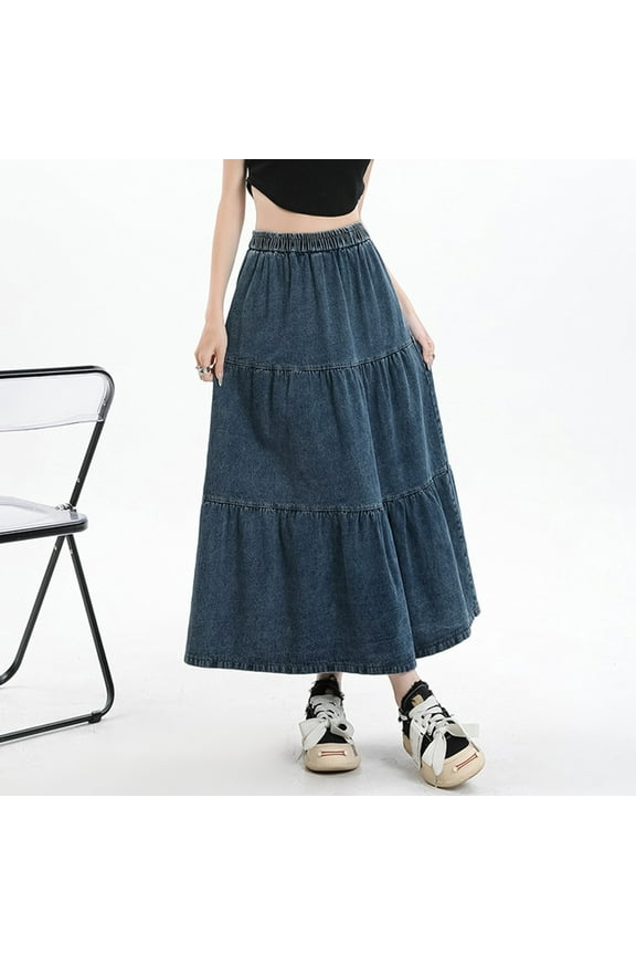 Women's Casual Denim Long Skirt With Elastic Waist A Line Skirt Button down Jean Skirts for Women Mid Length Skirts for Women Fall Denim Skirts Midi Long Pleated Skirts for Girls Pleated Skirts for