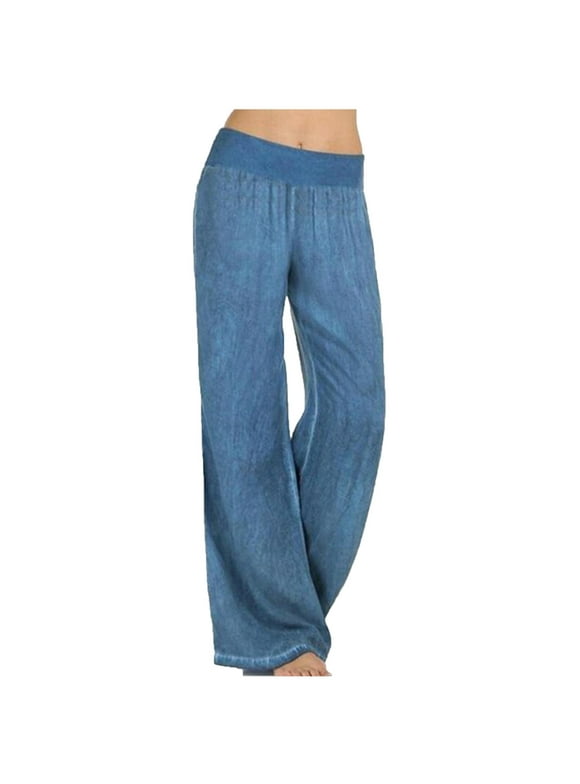 Women's Casual Denim Pants Elastic Waisted Wide Leg Palazzo Jeans Baggy Comfy Solid Long Pants Trousers for Women