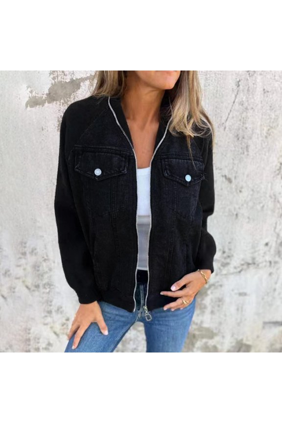 Women's Casual Denim Patchwork Jacket Fashion Coat Black M