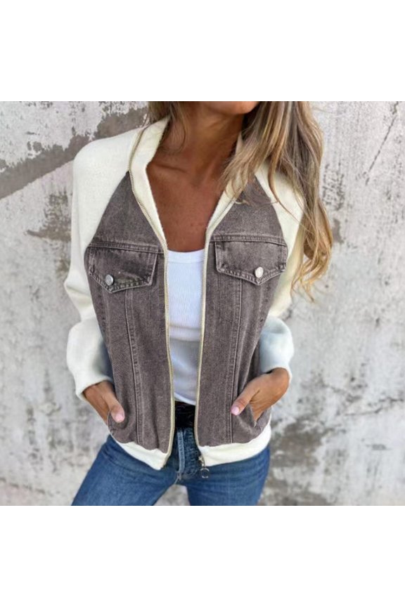 Women's Casual Denim Patchwork Jacket Fashion Coat White S