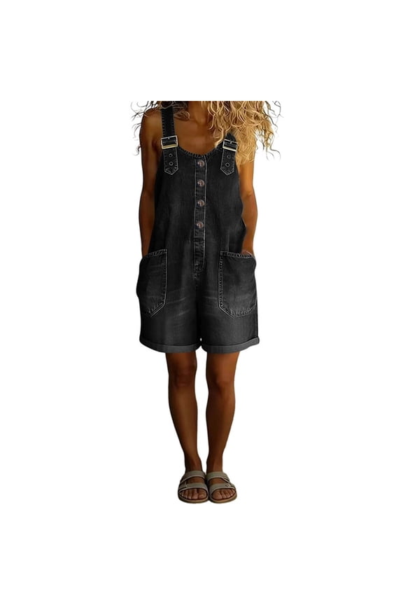 Women's Casual Denim Short Jumpsuit Overalls Adjustable Straps Sleeveless Jean Romper with Pockets, Easy Matching One Piece Outfit Black-B