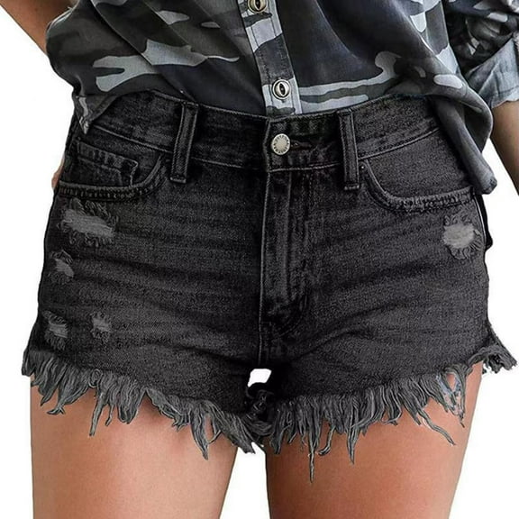 Women's Casual Denim Shorts, High Waist Ripped Straight Leg Distressed Frayed Hem Stretchy Comfort Summer Versatile Jean Shorts for Women,Black L
