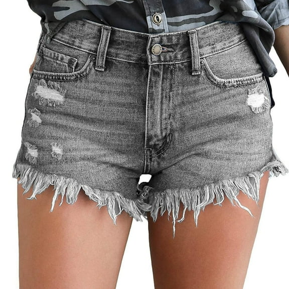 Women's Casual Denim Shorts, High Waist Ripped Straight Leg Distressed Frayed Hem Stretchy Comfort Summer Versatile Jean Shorts for Women,Dark Gray S
