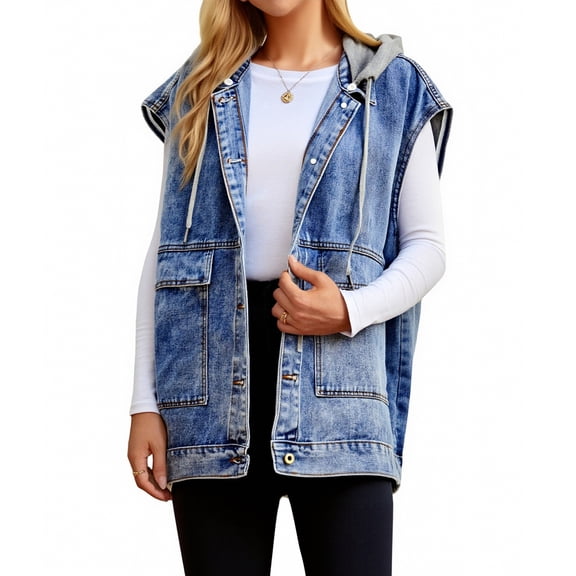 Women's Casual Denim Vest - Hooded Button-Up Sleeveless Jacket, Fashion Everyday Outerwear, Blue Size L