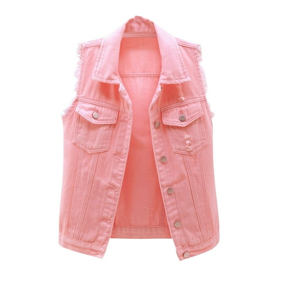 Women's Casual Denim Waistcoat Frayed Sleeveless Ripped Jacket Vest with Pockets 04-Pink XXL