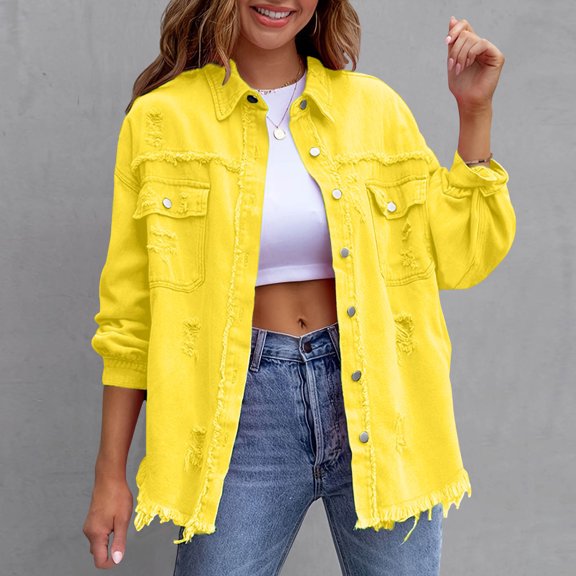 Women's Casual Distressed Denim Jacket Solid Color Loose Long Sleeve Fashion Classic Button-Front Lightweight Versatile Daily Outdoor Comfortable Coat Yellow XL