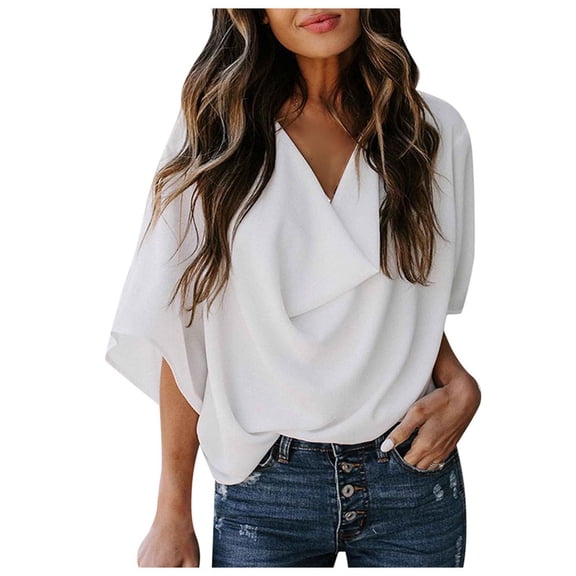 Women's Casual Draped V-neck Flared Sleeve Loose Shirt Top, Lightweight Chiffon Summer Blouse, Stylish and Comfortable Tunic for Daily Wear, Versatile Loose Fit T-shirt for Women