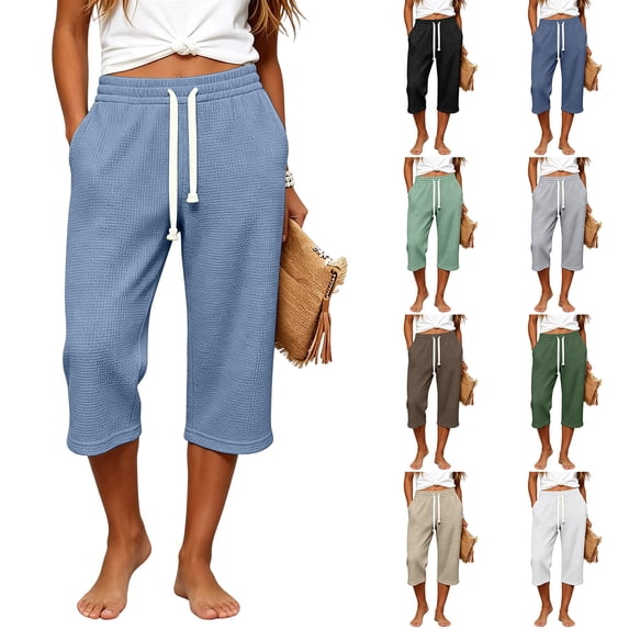Women's Casual Drawstring Capri Pants Ihhxva with Pockets Elastic Waist Summer Beach Loose Fit Lightweight Cotton S-2XL