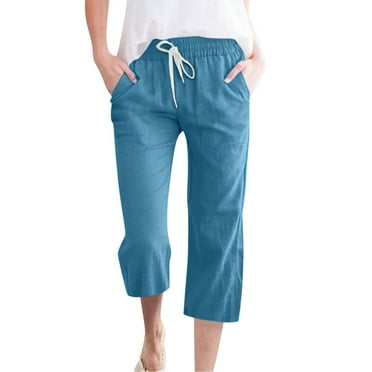 Women's Casual Drawstring Capri Pants with Pockets, Lightweight Elastic Waist Cropped Trousers for Summer