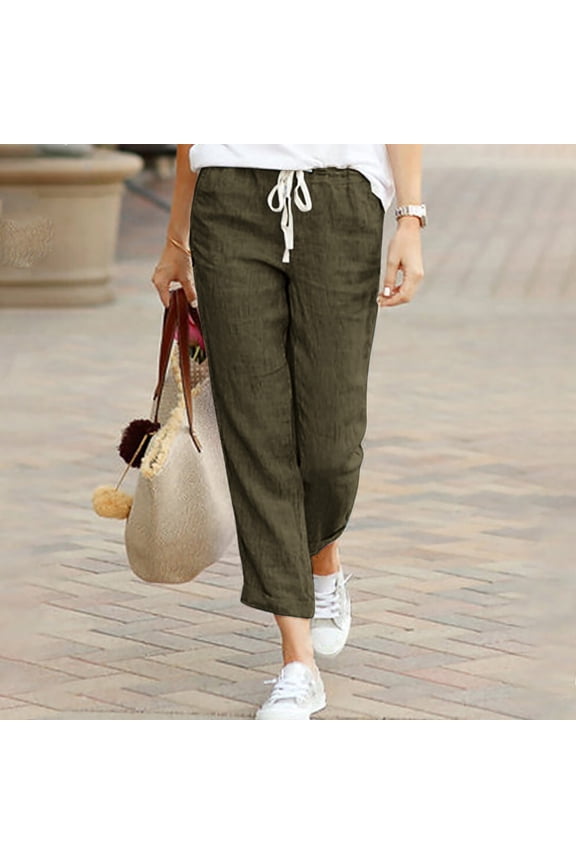 Women's Casual Drawstring Elastic Waist Linen Nine-Quarter Pants Trousers Slacks, Cropped Wide Leg Flowy Breathable Lightweight, Summer Beach Vacation Lounge Wear Travel Essentials