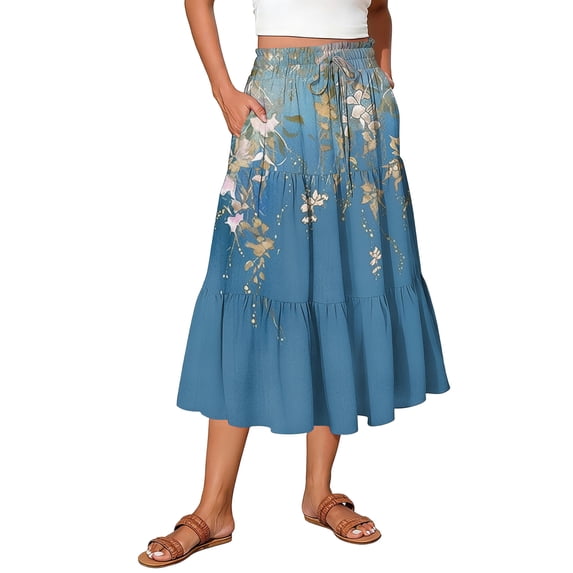 Women's Casual Drawstring High Waist Floral Pleated Flowy Maxi Skirt Blue L