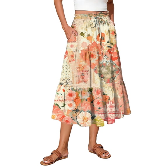 Women's Casual Drawstring High Waist Floral Pleated Flowy Maxi Skirt White XL